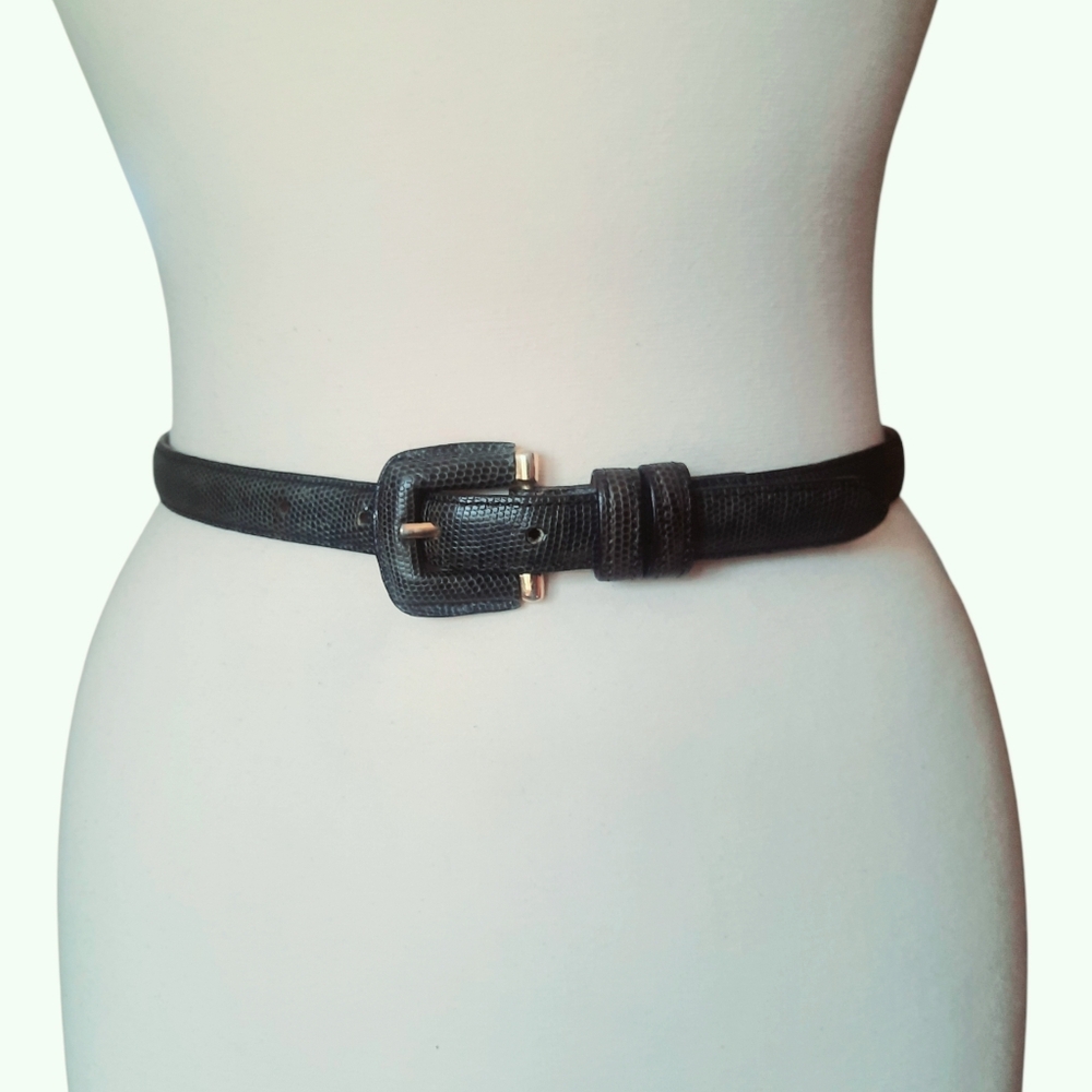 Vintage JOAN HELPERN Dk Green Lizard Embossed Leather Belt w/Covered Buckle M